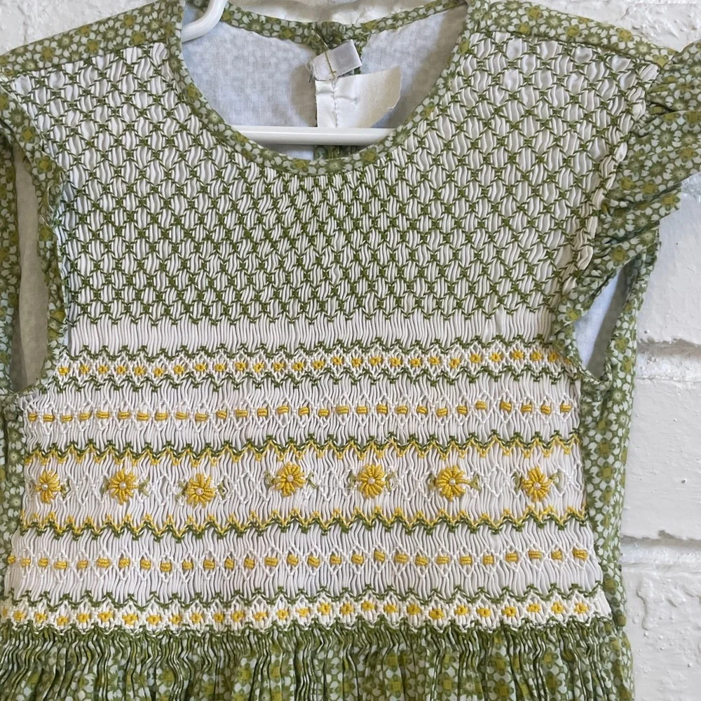 Celeste Hand-sewn Green Smocked Dress with delicate yellow floral accents Size 3